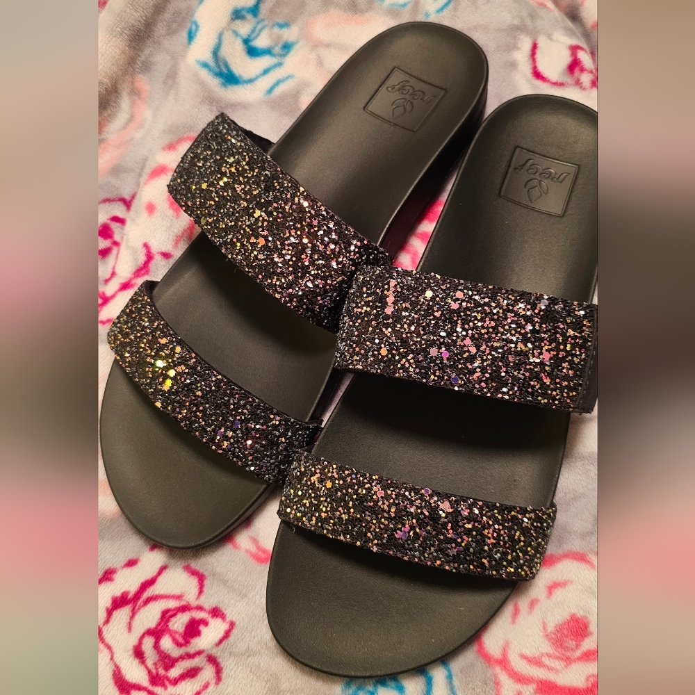 FOR @KSTAND11 - NWOT! Reef Black Glitter Slides -  Size 9 - flaw - Picture 3 of 7